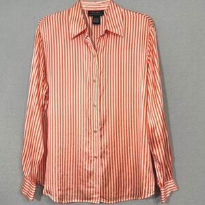 Via Seta Striped Button Down Blouse Womens Size L Silk Luxury Coastal Tailored